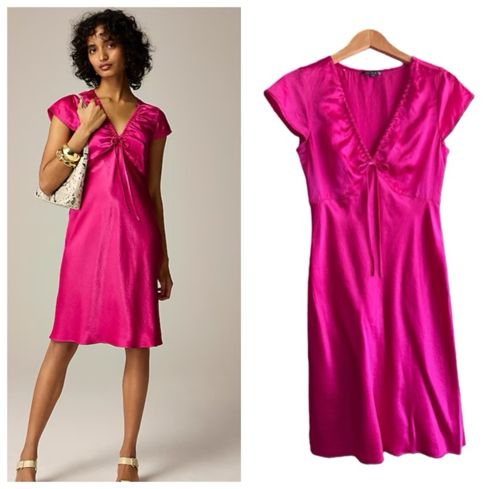 Jcrew short sleeve textured satin slip dress Elle woods legally blonde fuschia